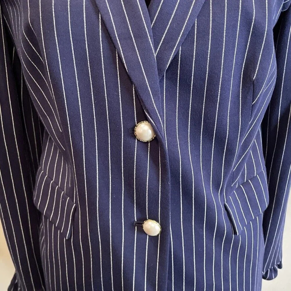 Chicos Women’s‎ 1 US 8/10 Blazer Jacket Blue White Stripe Faux Pearl Buttons - Picture 3 of 11